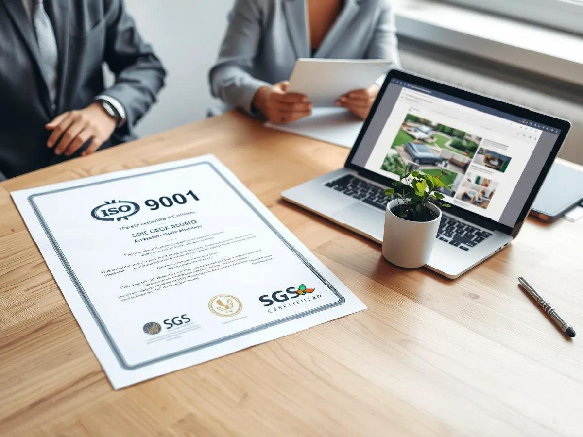 ISO 9001质量管理体系认证证书摆放在办公桌上，旁边有笔记本电脑和绿植